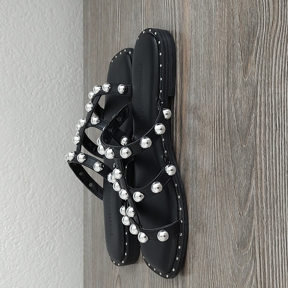 Sincerely Jules VENTURA Black Silver Studs Square Toe Slip On Flat Sandals 6.5 - Picture 3 of 10